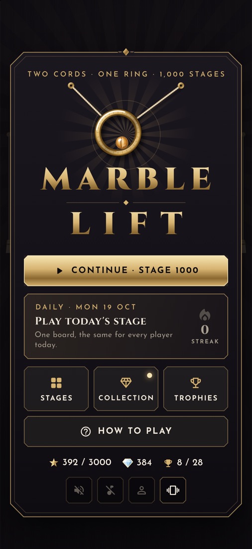 Marble Lift title screen with the brass ring and marble